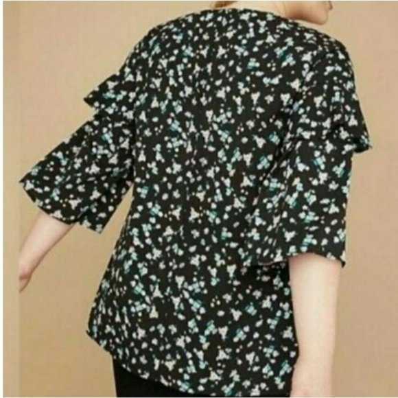 LANE BRYANT BLOUSE 18/20 BLACK FLORAL PRINT TIERED RUFFLE SLEEVE V NECK PINK GRE - Picture 9 of 10